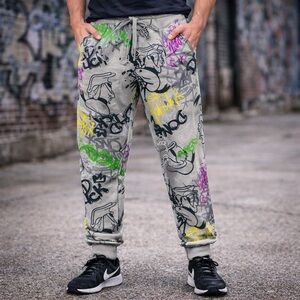 Disney Parks Donald Duck Graffiti‎ Joggers Mens XL Gray Neon Sweatpants NEW